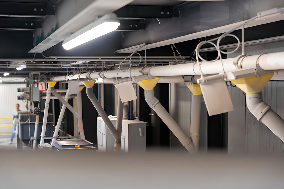 Vis de transport installées en hauteur au-dessus des machines